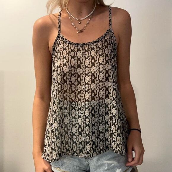 Nabee Black, Cream & White Designed Sheer Racerback Tank Top (Size: Small) - Picture 3 of 11